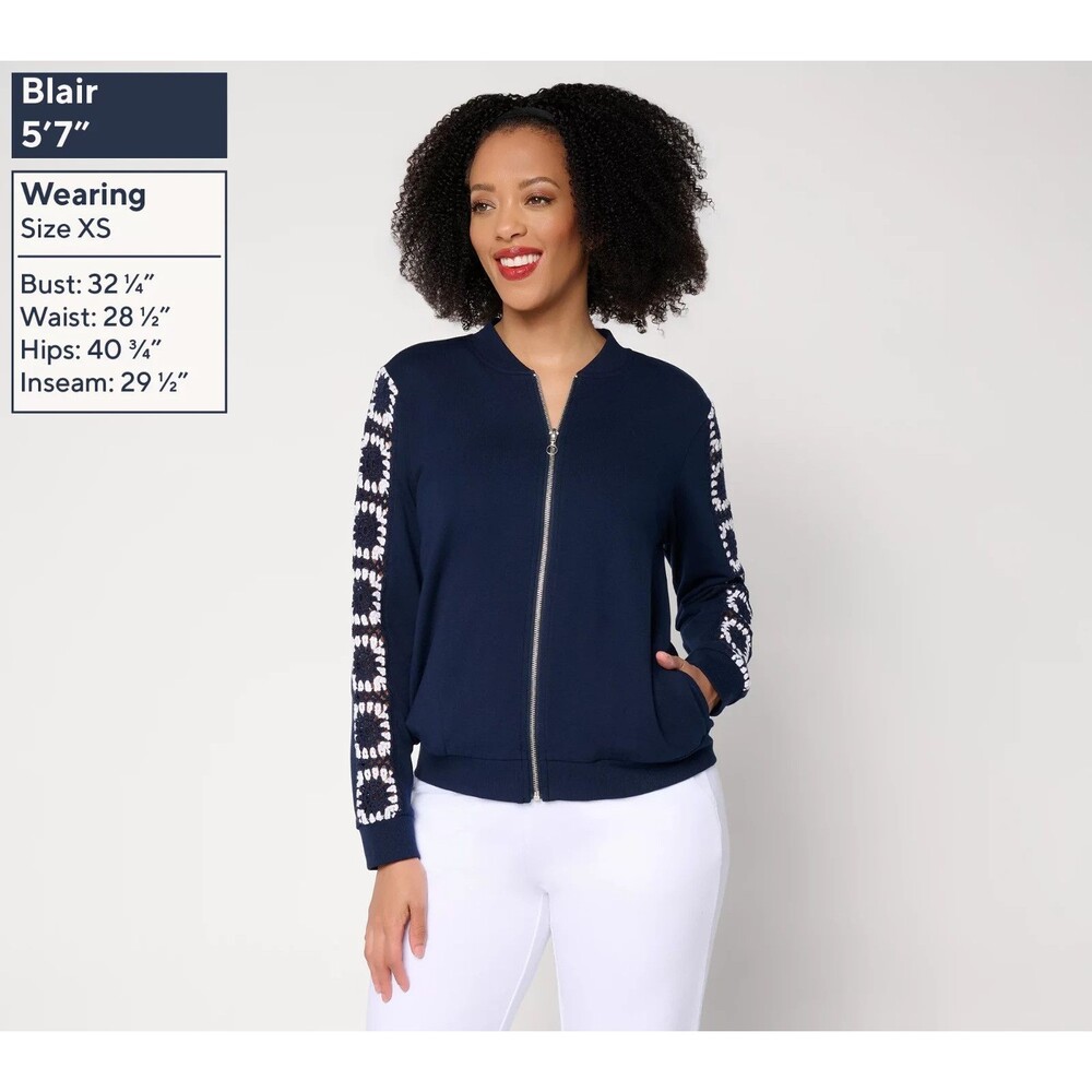 Susan Graver Weekend French Terry Zip-Front Jacket Crochet Detail Navy/White L - Picture 3 of 6